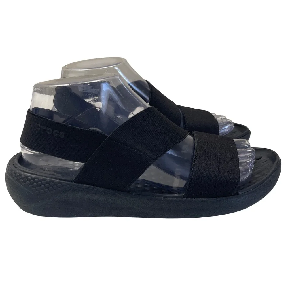 Crocs Literide Stretch Sandals Womens 8 Black Strappy Slingback Comfort 206081
